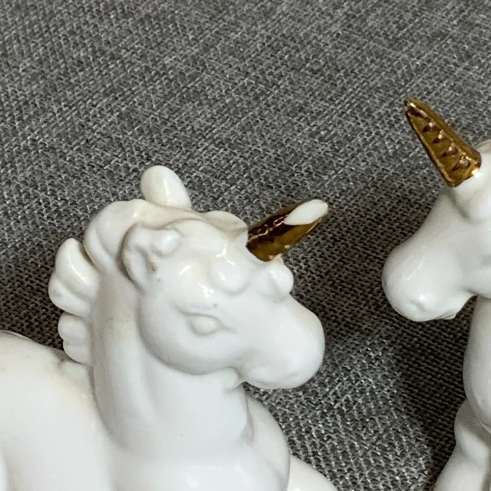Porcelain unicorn figurine pair – vintage bone china Japan white & gold decor
